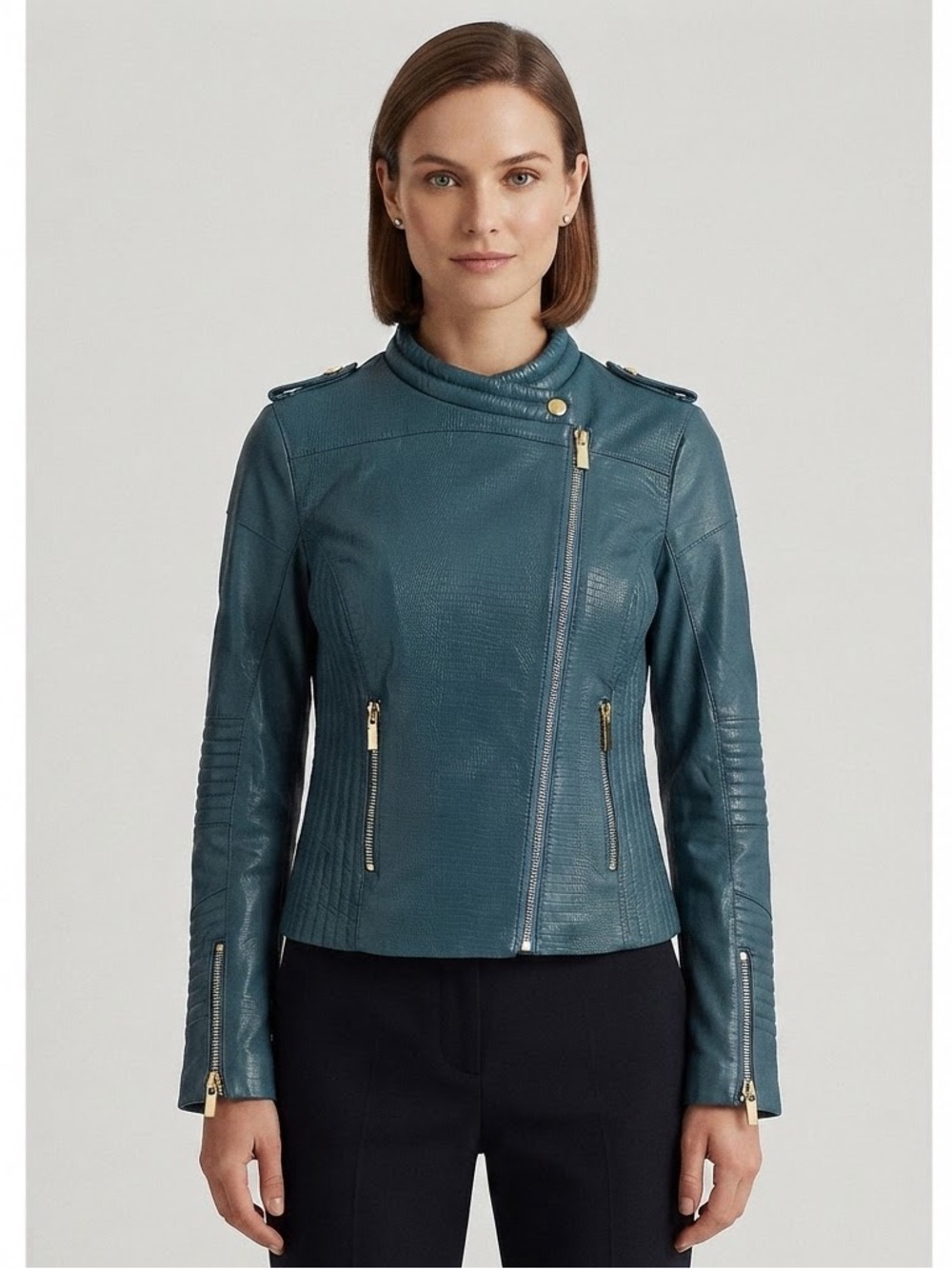 AS by DF Second Skin Leather Jacket S Tar Green Moto Biker Gold Zip NWT